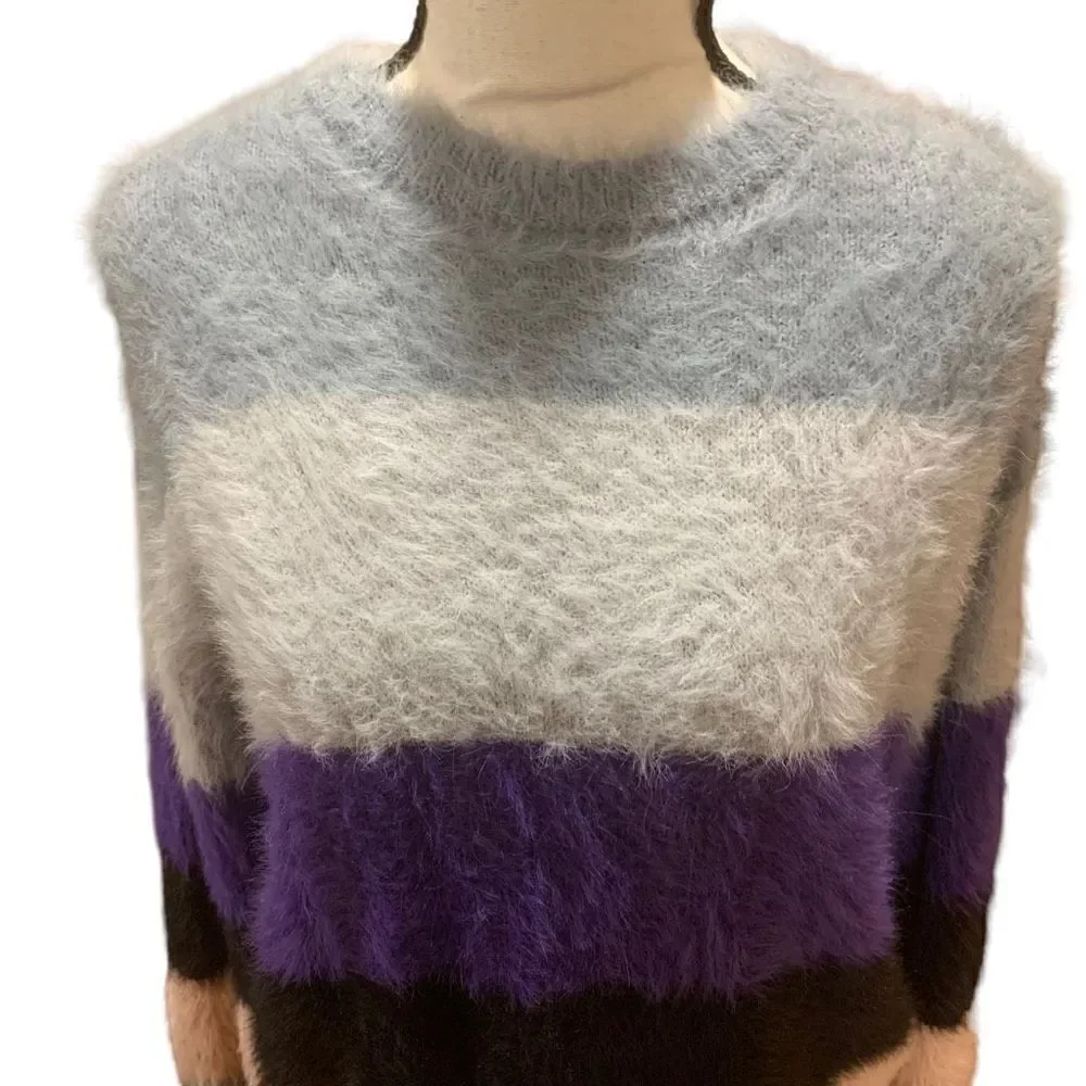 PRMA XS Fuzzy Eyelash‎ Knit Colorblk Striped Sweater Blue Purple Black Peach WMN